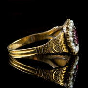 Antique Georgian Garnet Pearl Ring 18Ct Yellow Gold Circa 1800