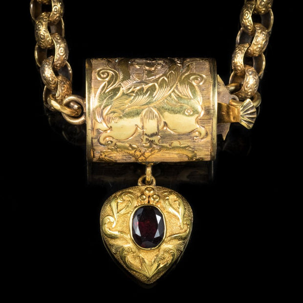 Antique Georgian Necklace 18Ct Gold Garnet Heart Pendant Circa 1800
