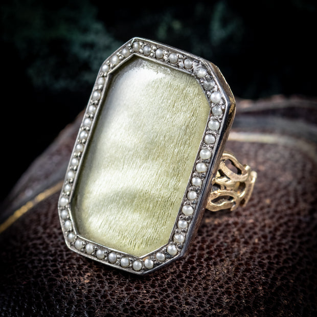 Antique Georgian Silk Pearl Mourning Ring 18Ct Gold Circa 1750