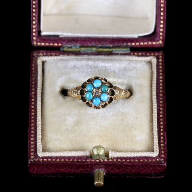 Antique Victorian Turquoise Diamond Cluster Ring 15Ct Gold Dated 1870