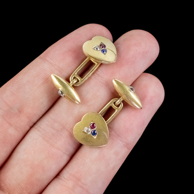 Antique Victorian Heart Cufflinks Ruby Sapphire Diamond 18ct Gold Garrard Box
