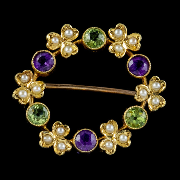 Antique Suffragette Clover Brooch Peridot Amethyst Pearl 15Ct Gold Circa 1910