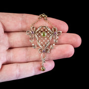 Antique Suffragette Bow Pendant Brooch Peridot Amethyst Pearl 9Ct Gold Circa 1910