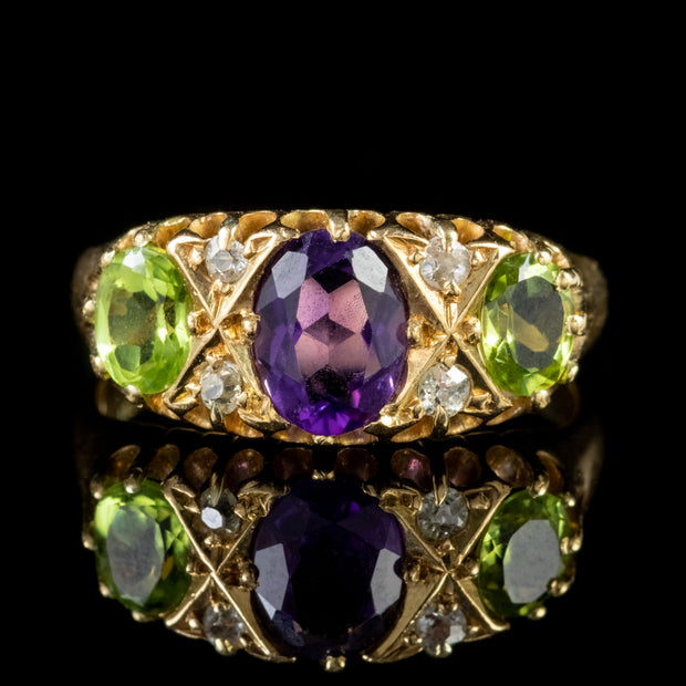 Antique Suffragette Edwardian Gold Ring Amethyst Diamond Peridot Circa 1910