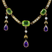 Antique Suffragette Necklace 18Ct Gold Amethyst Peridot Pearl Circa 1910 London And Ryder Boxed