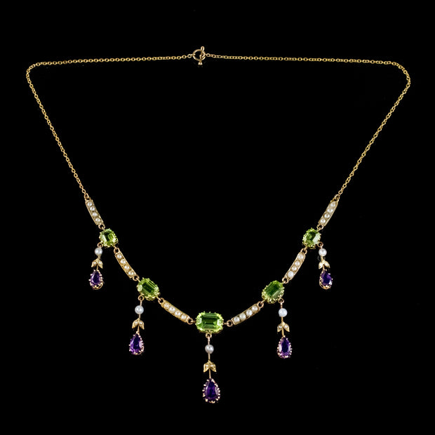 Antique Suffragette Necklace 18Ct Gold Amethyst Peridot Pearl Circa 1910 London And Ryder Boxed