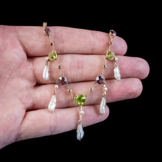 Antique Suffragette Necklace Baroque Pearls Amethyst Peridot 15Ct Gold Circa 1910