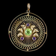 Antique Suffragette Pendant Peridot Pearls Amethyst 9Ct Gold Circa 1910