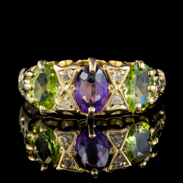 Antique Suffragette Ring Peridot Amethyst Diamond 18Ct Gold Circa 1910