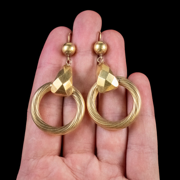 Antique Victorian 18Ct Gold Hoop Drop Earrings Circa 1900