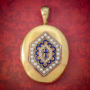Antique Victorian 18ct Gold Pearl Locket Blue Enamel Cross Circa 1900 Boxed