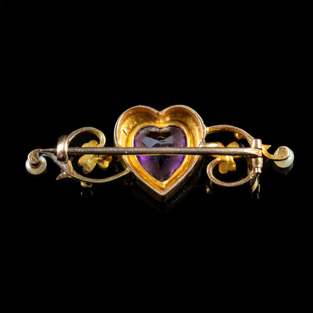 Antique Victorian 2Ct Amethyst Pearl Heart Brooch 15Ct Gold Circa 1880
