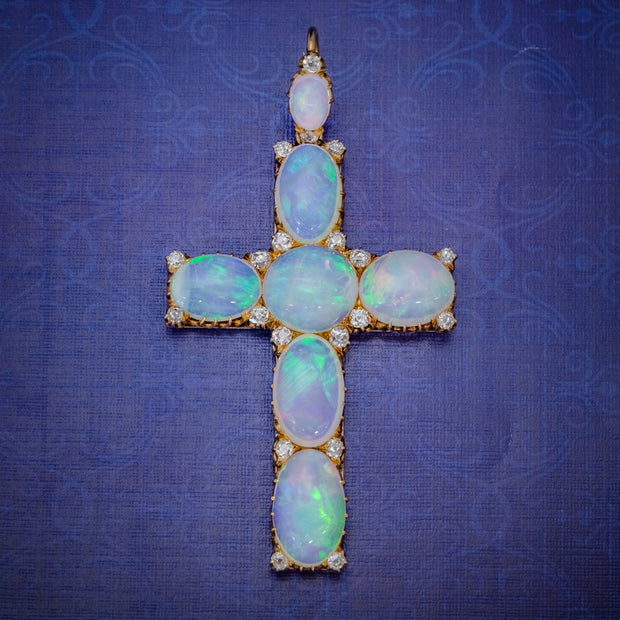 Antique Victorian 35Ct Opal Cross Pendant Diamond 18Ct Gold Circa 1900
