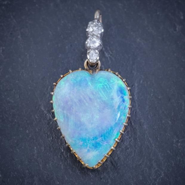 Antique Victorian 8Ct Natural Opal Diamond Heart Pendant Circa 1880