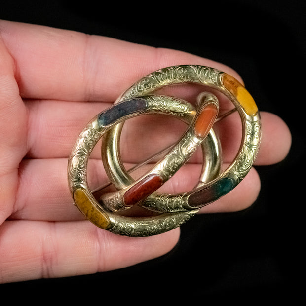 Antique Victorian Agate Knot Brooch Pinchbeck Yellow Gold Circa 1860