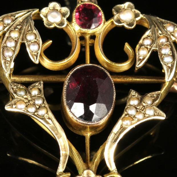 Antique Victorian Almandine Garnet Pearl Pendant Brooch 15Ct Gold