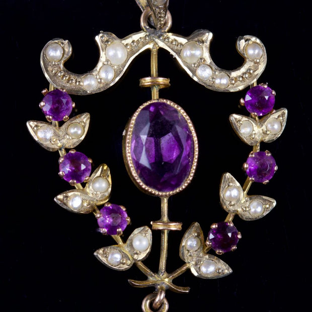 Antique Victorian Amethyst Pearl Pendant 9Ct Circa 1900