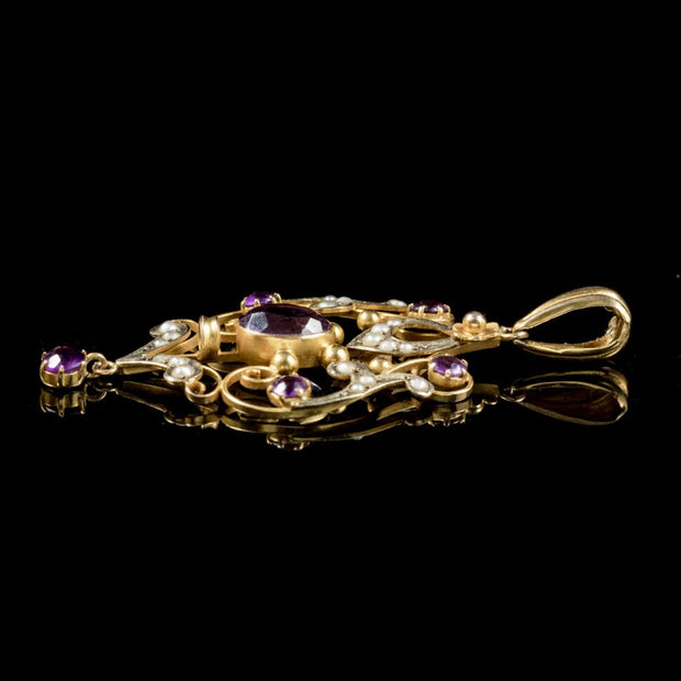Antique Victorian 9Ct Gold Amethyst Pearl Pendant Circa 1900