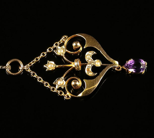 Antique Victorian Amethyst Pearl Pendant Lavaliere Necklace Gold