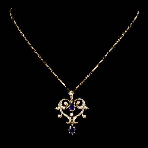 Antique Victorian Amethyst Pearl Pendant Necklace 9Ct Gold Circa 1880