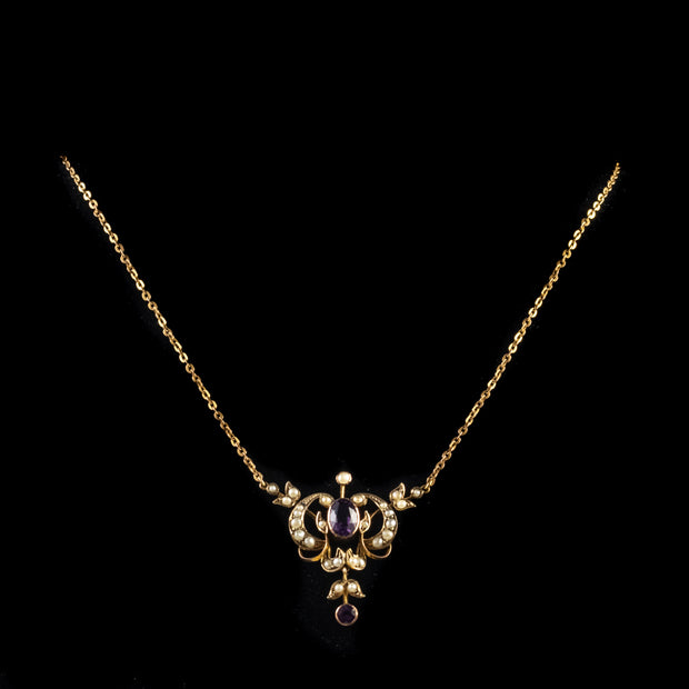 Antique Victorian Pearl Amethyst Pendant Necklace 9Ct Gold Circa 1900