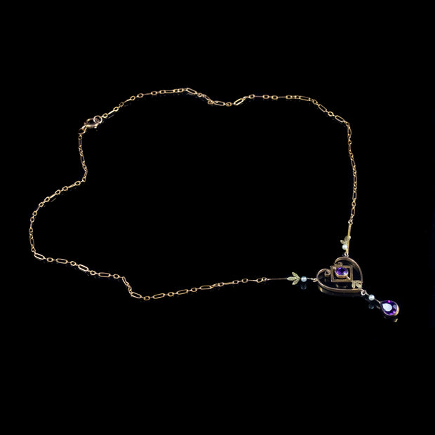 Antique Victorian Amethyst Pearl Pendant Necklace 9Ct Gold Circa 1900
