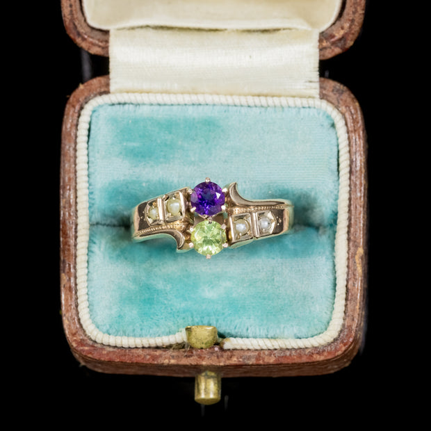 Antique Victorian Amethyst Pearl Peridot Suffragette Ring 18Ct Gold Circa 1900