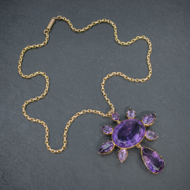 Antique Victorian Amethyst Pendant Necklace 15Ct Gold Chain Circa 1900