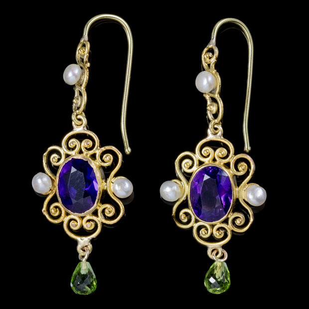 Antique Victorian Amethyst Suffragette Drop Earrings 15Ct Gold Circa 1900