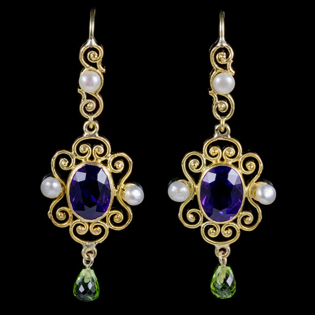 Antique Victorian Amethyst Suffragette Drop Earrings 15Ct Gold Circa 1900