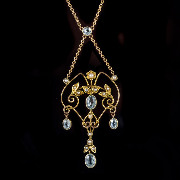 Antique Victorian Aquamarine Pearl Lavaliere Pendant Necklace 9Ct Gold Circa 1900