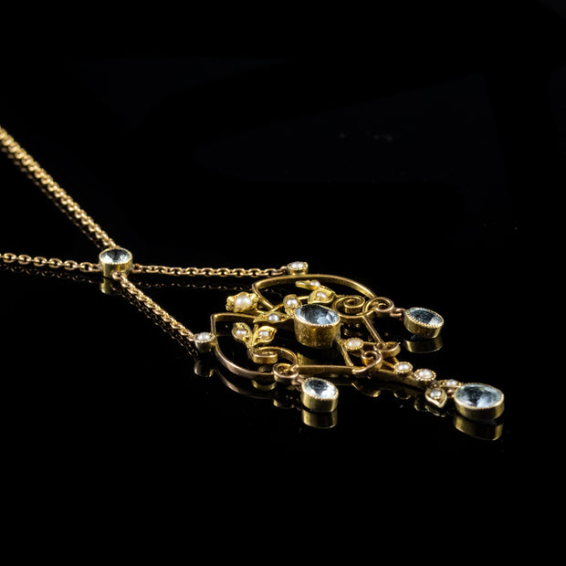 Antique Victorian Aquamarine Pearl Lavaliere Pendant Necklace 9Ct Gold Circa 1900