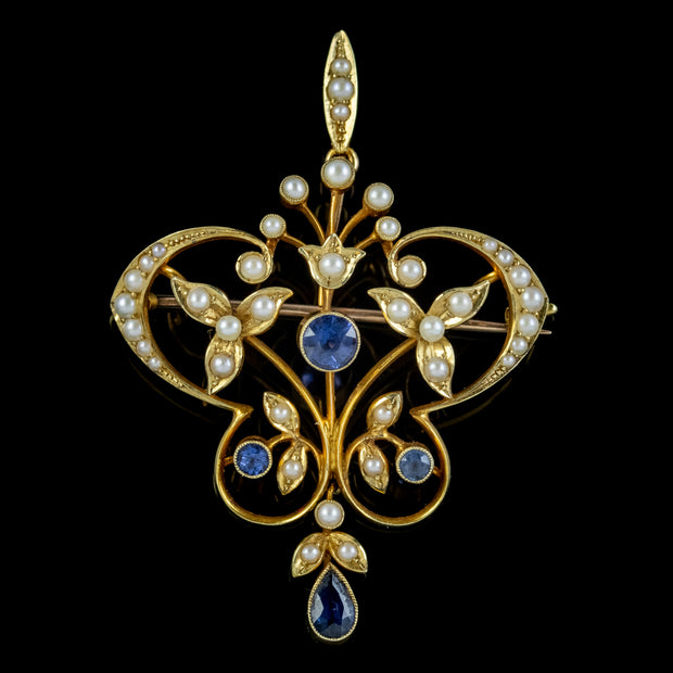 Antique Victorian Art Nouveau Sapphire Pearl Pendant Brooch 15Ct Gold Circa 1900