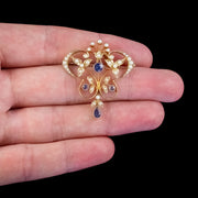 Antique Victorian Art Nouveau Sapphire Pearl Pendant Brooch 15Ct Gold Circa 1900