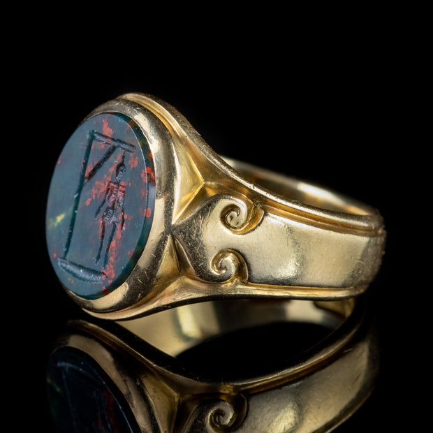 Antique Victorian Bloodstone Ring Skeleton On The Gallows 18Ct Gold Dated 1897