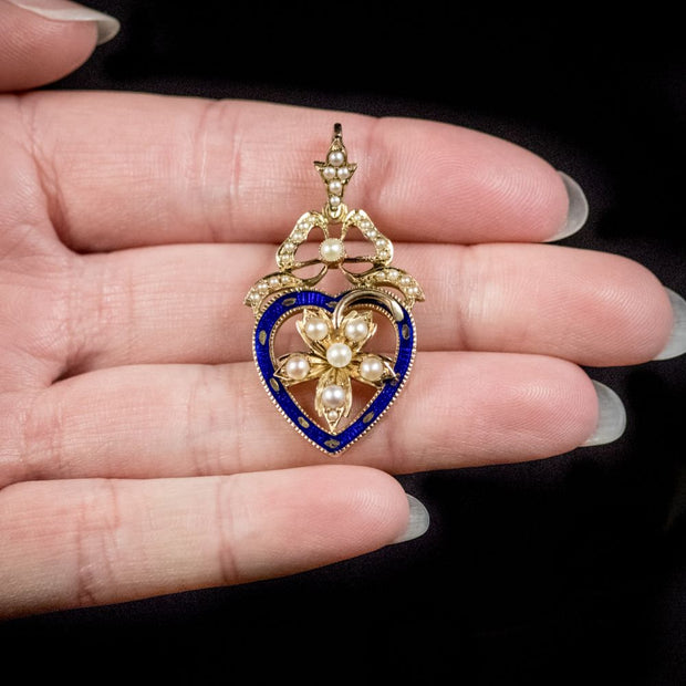 Antique Victorian Blue Enamel Pearl Heart Pendant Circa 1900 Boxed