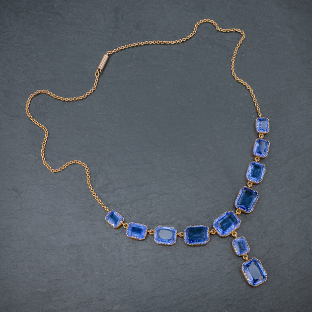 Antique Victorian Blue Paste Lavaliere Necklace 9Ct Gold Circa 1900