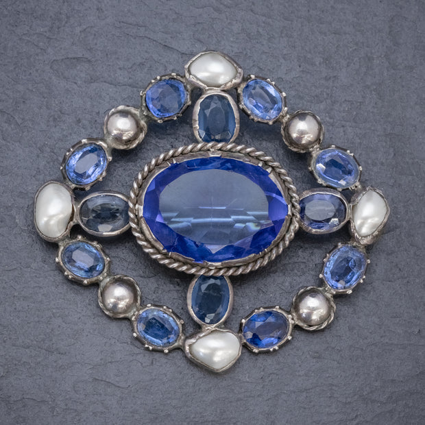 Antique Victorian Bristol Blue Paste Pearl Brooch Silver Circa 1900