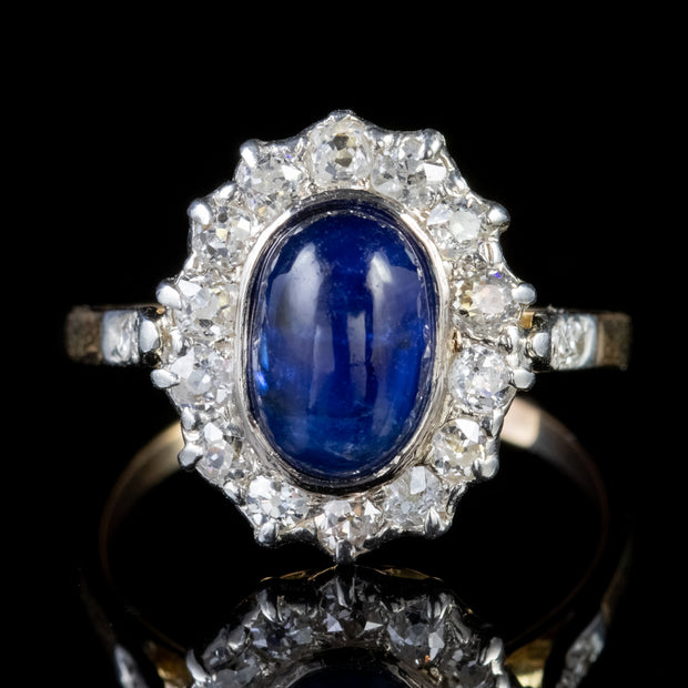 Antique Victorian Cabochon Sapphire Diamond Ring 18Ct Gold Circa 1880