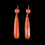Antique Victorian Coral Long Drop Earrings 9Ct Gold Circa 1880