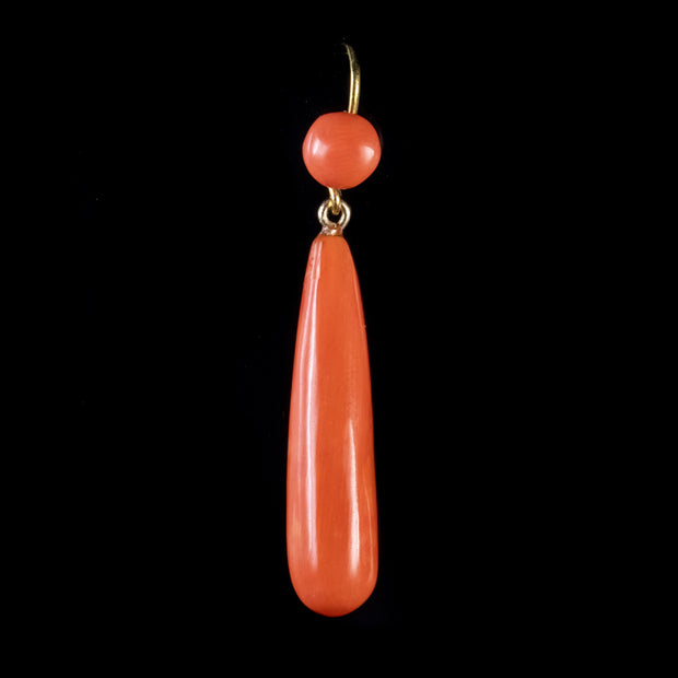 Antique Victorian Coral Long Drop Earrings 9Ct Gold Circa 1880