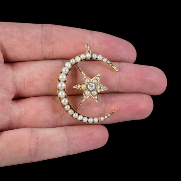Antique Victorian Crescent Star Diamond Pearl Pendant 18Ct Gold Circa 1880