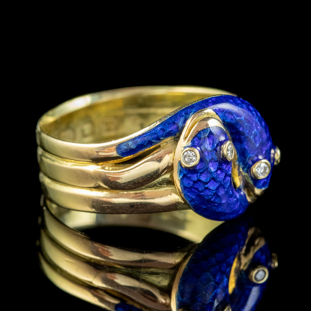 Antique Victorian Diamond Blue Enamel Snake Ring 18ct Gold Dated 1894