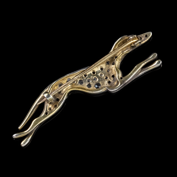 Vintage Diamond Greyhound Brooch Silver 18Ct Gold Boxed