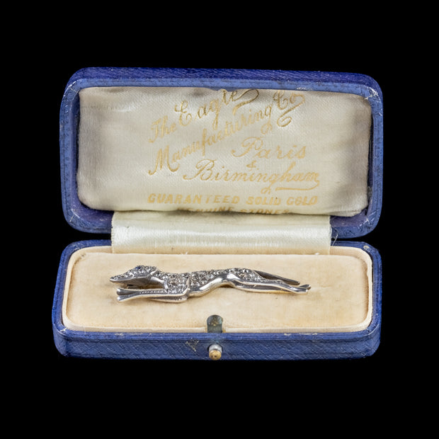 Vintage Diamond Greyhound Brooch Silver 18Ct Gold Boxed