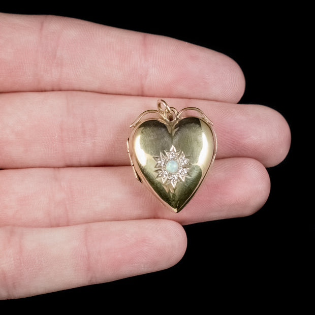 Antique Victorian Diamond Opal Heart Locket 18Ct Gold Circa 1900