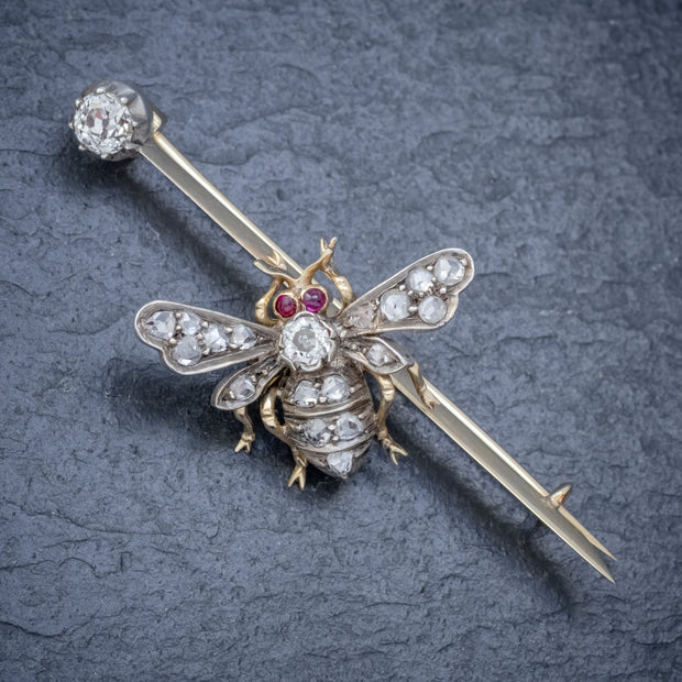 Antique Victorian Diamond Ruby Insect Brooch Silver 18Ct Gold Circa 1900
