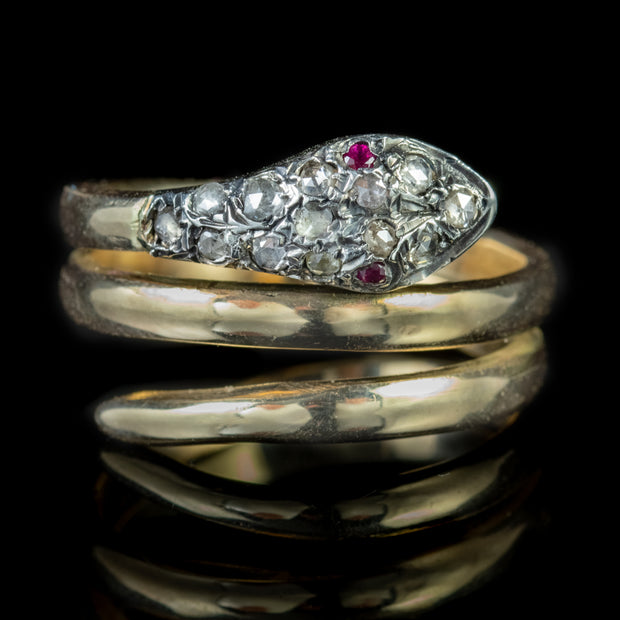 Antique Victorian Diamond Snake Ring 18Ct Gold Silver Ruby Eyes Circa 1880