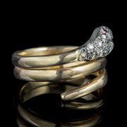Antique Victorian Diamond Snake Ring 18Ct Gold Silver Ruby Eyes Circa 1880
