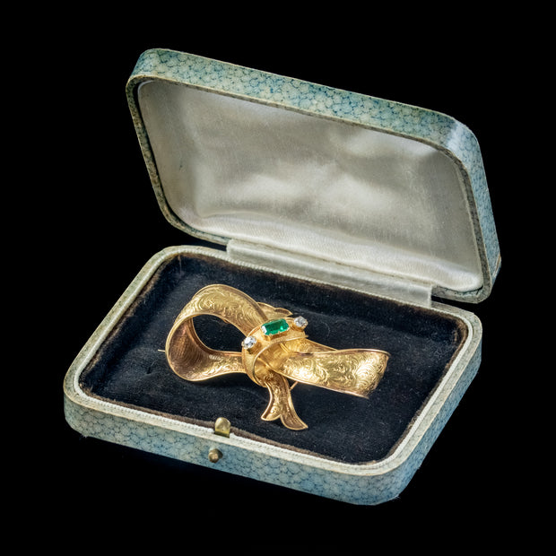 Antique Victorian Emerald Diamond Bow Brooch 18Ct Gold Boxed Circa 1880